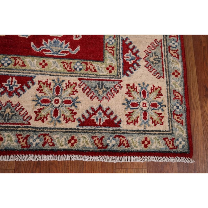 Geometric Red Kazak Oriental Rug Hand-Knotted Oriental Wool Carpet - 4'1" x 6'7"
