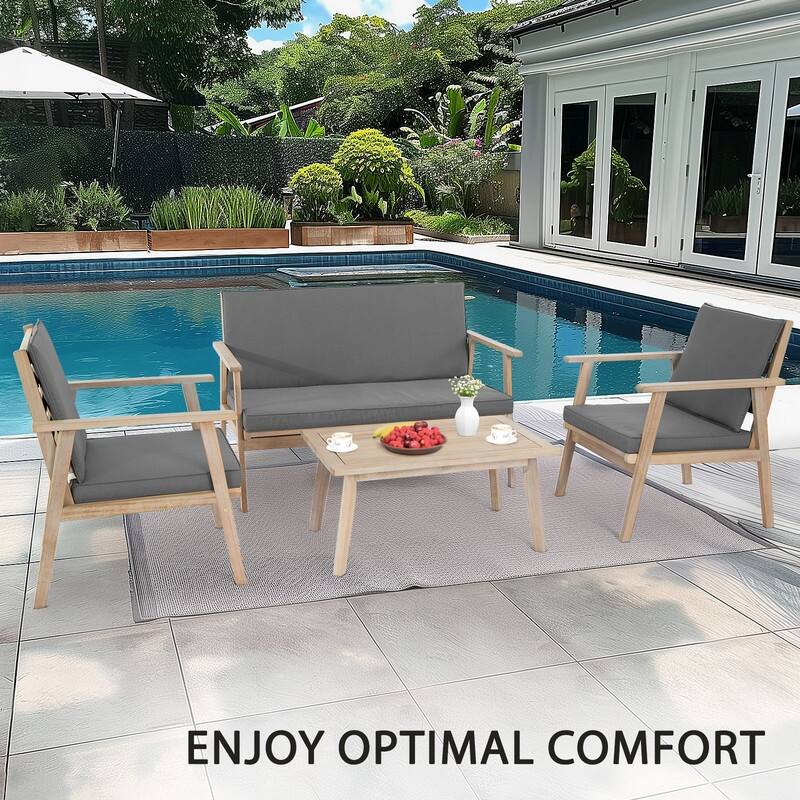 4 Piece Acacia Outdoor Patio Lounge Conversation Set with Soft Cushions and Coffee Table