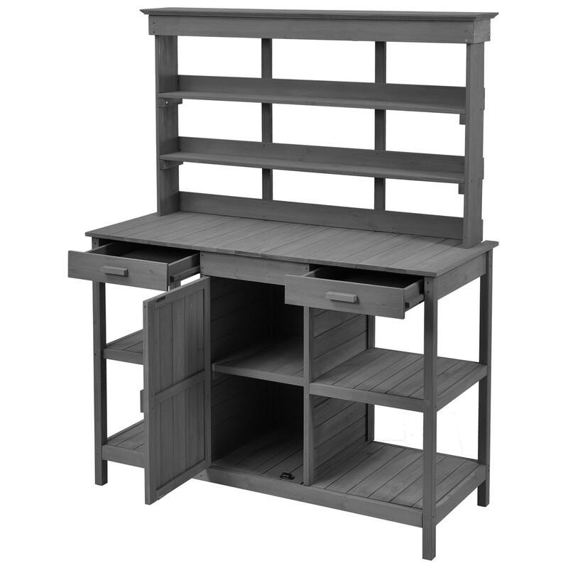 Outdoor Garden Potting Bench Table Workstation Planting Bench with 2 Drawers, Cabinet and Open Shelves for Backyard, Mudroom