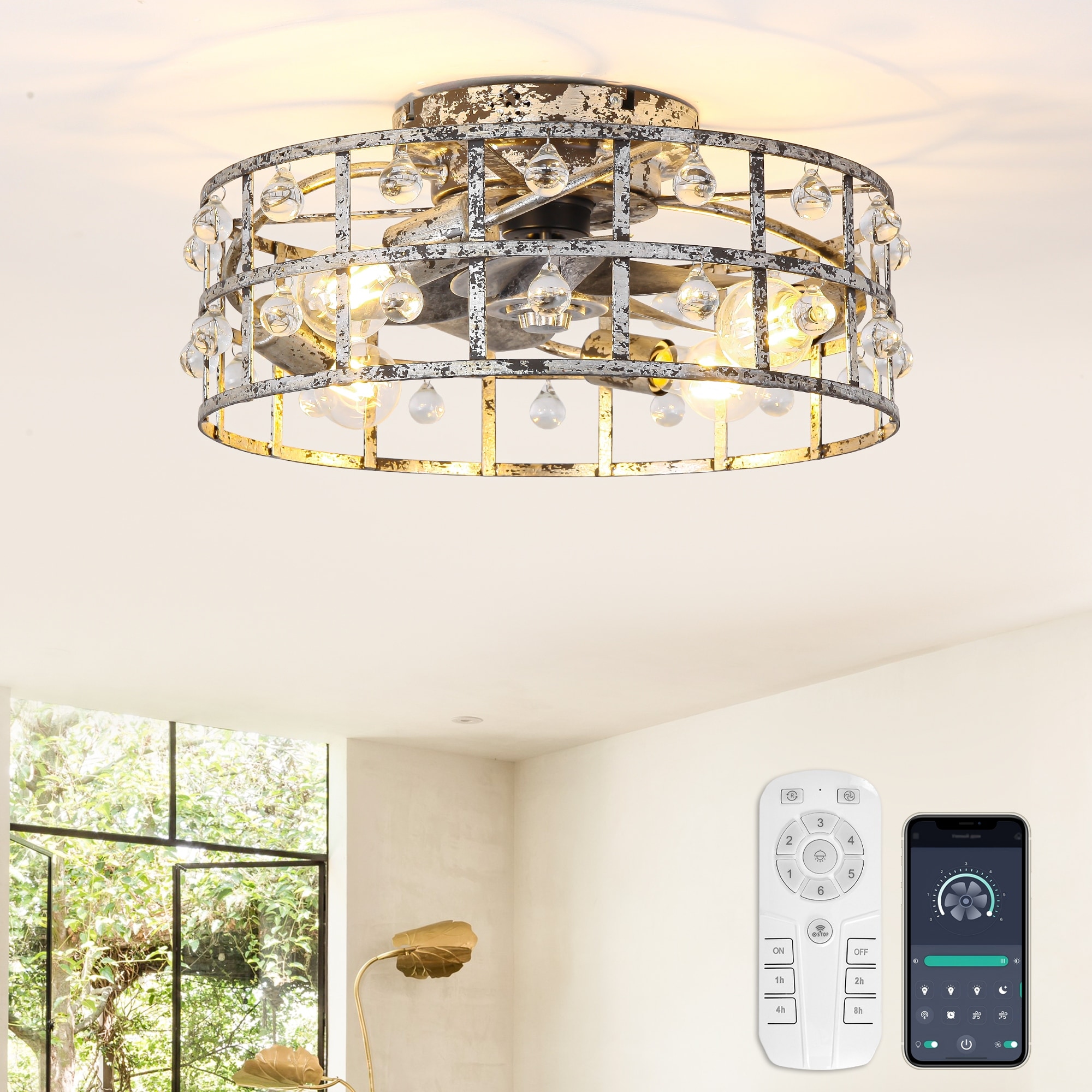 18" Distressed Silver Industrial Reversible Flush Mount Ceiling Fan Crystal Fandelier with Remote and App Control