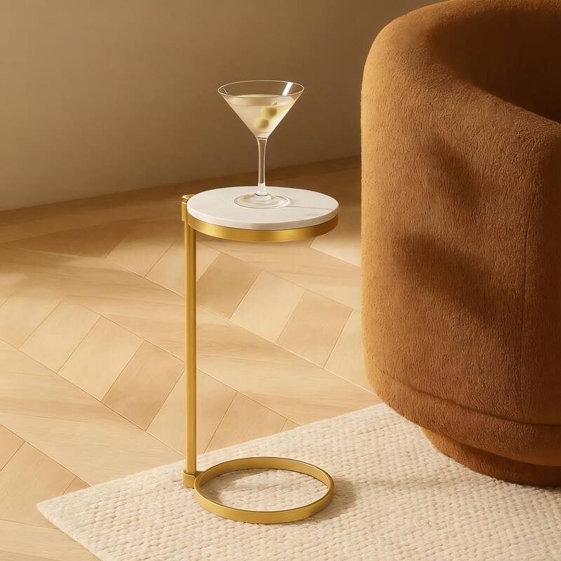 C Shaped Martini Drink Round Table with Black or Gold Metal Base, Carrara Marble or Tempered Glass top - 24.55" high x 10" diameter - Gold Table with marble top