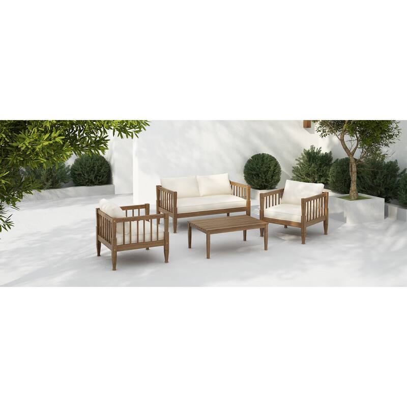 Roomfitters 4-Piece Acacia Wood Patio Furniture Set, Seating Conversation Set with 4-Inch Thick Cushions and Coffee Table