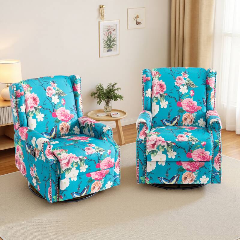 Floral Linen Manual Recliner Chair with Footrest set of 2