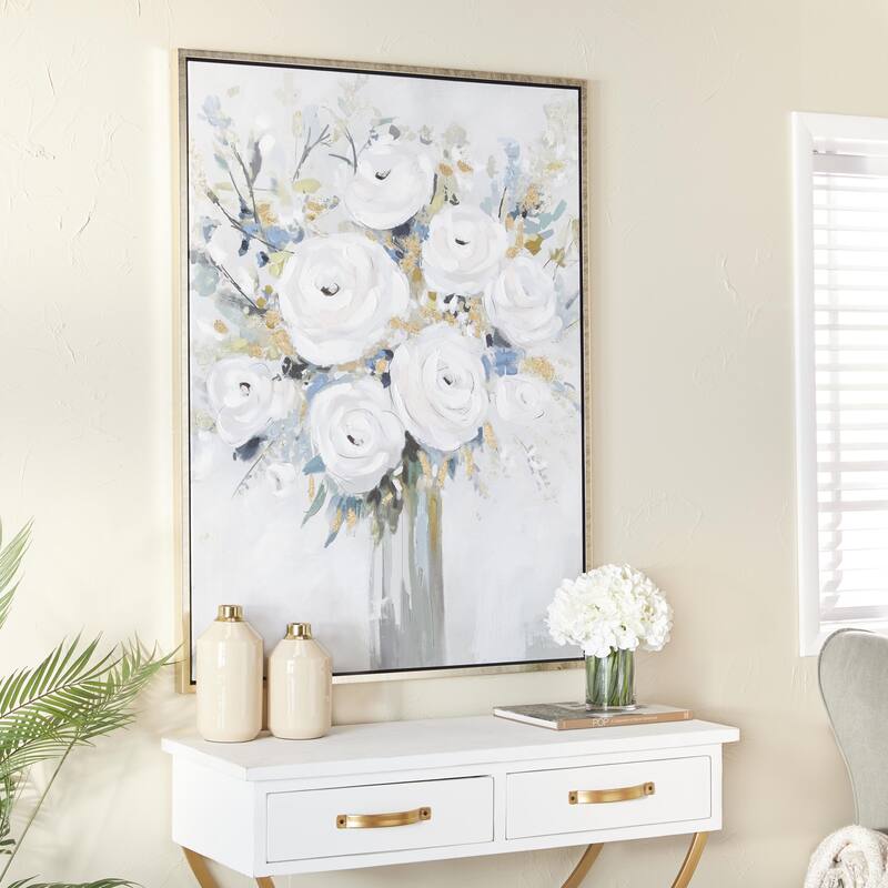Canvas Floral Bouquet Framed Wall Art with Silver Frame - White - Roche River Decor