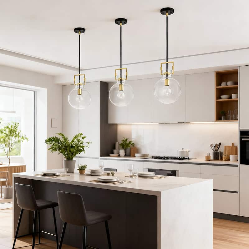 Black and Antique Gold 1-Light 10 Inch Globe Shaped Clear Glass Pendant