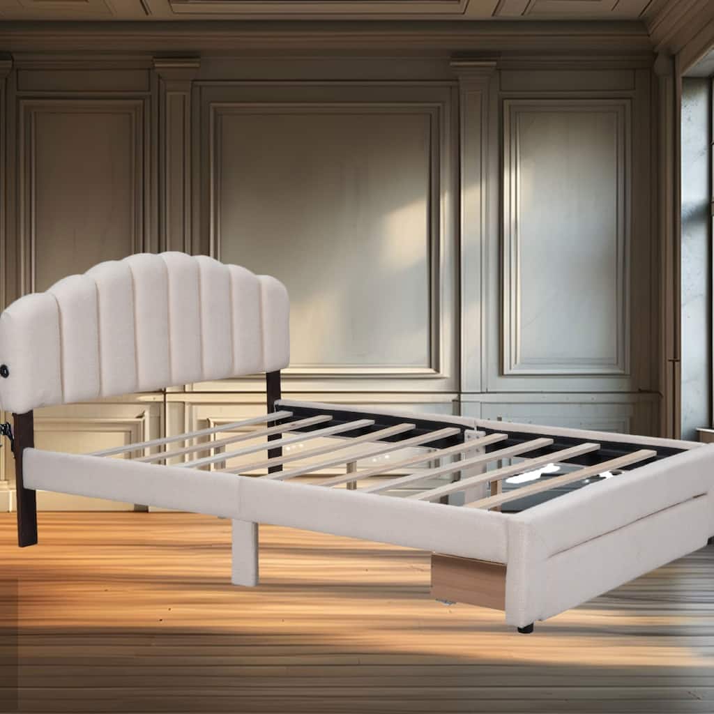 Queen Size Upholstered Platform Bed with Stripe Headboard, LED Lights & Storage Drawer