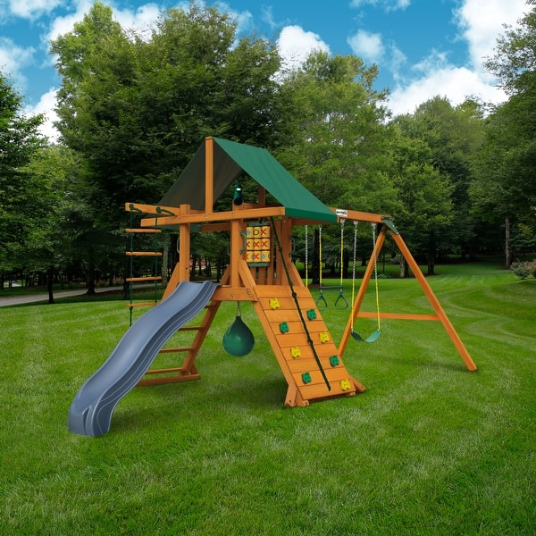 slide 2 of 15, Gorilla Playsets Ozark II Wooden Outdoor Swing Set with Gray Slides