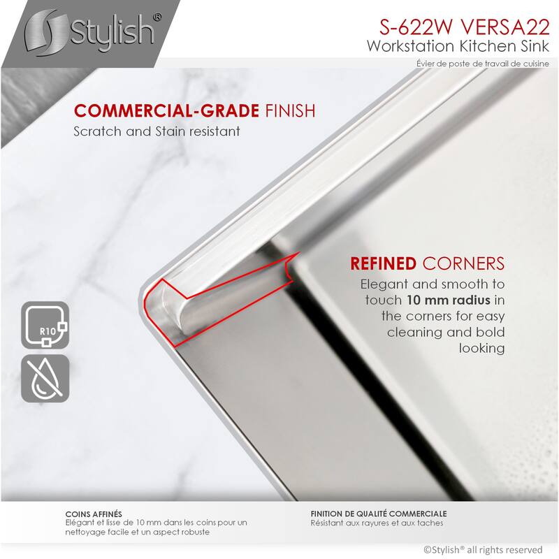 STYLISH 22 inches Workstation Single Bowl Undermount 16 Gauge Stainless Steel Kitchen Sink with Built in Accessories Handmade