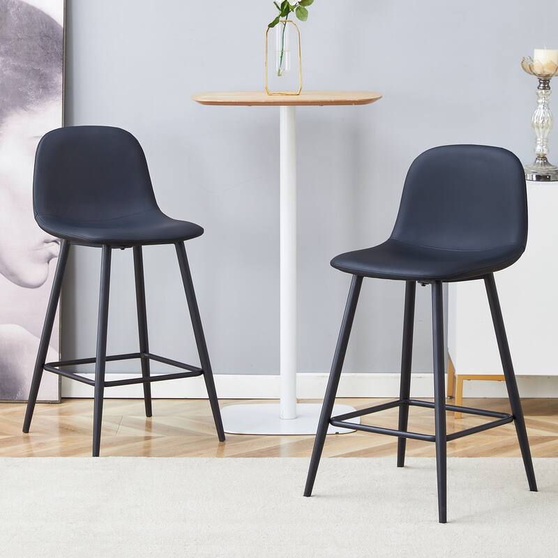 Modern PU Bar Chair Set Two Pieces with Rounded Backrest, Waterproof Cat Paw Leather, Metal Legs for Bars, Living Room - Black