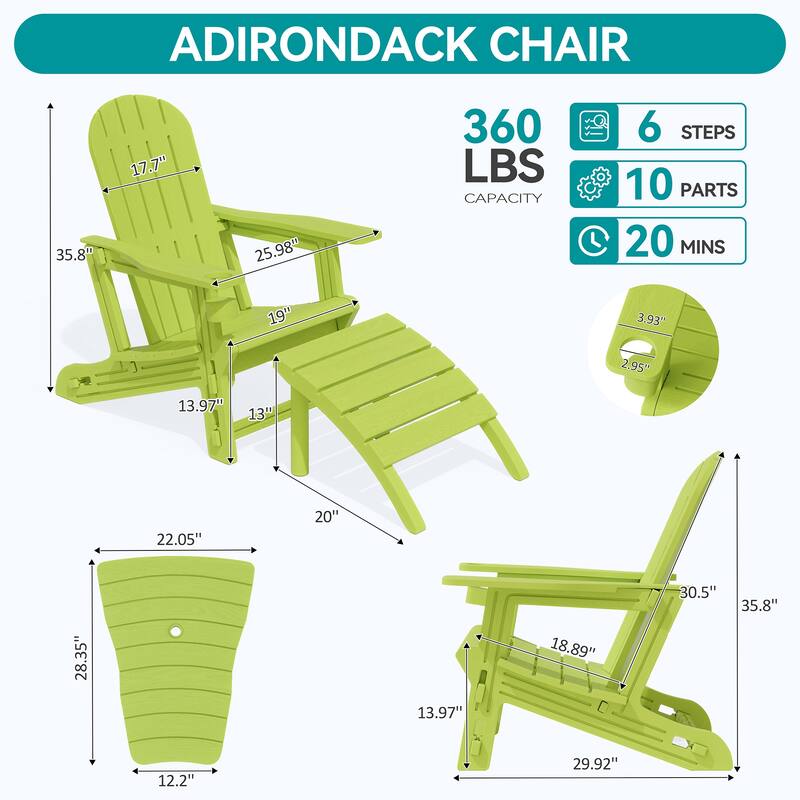 Outdoor All Weather Adirondack Chairs with Movable Footrests, Set of 5/3.
