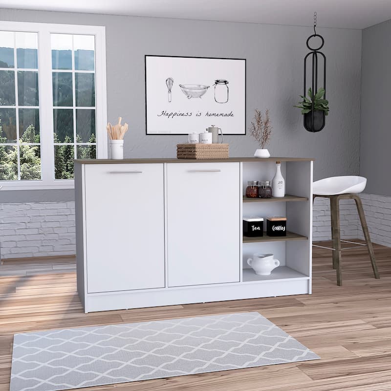 Ginger 59-inch Wide Kitchen Island with 3 Open Shelves and 2 Cabinets - White-Dark Brown