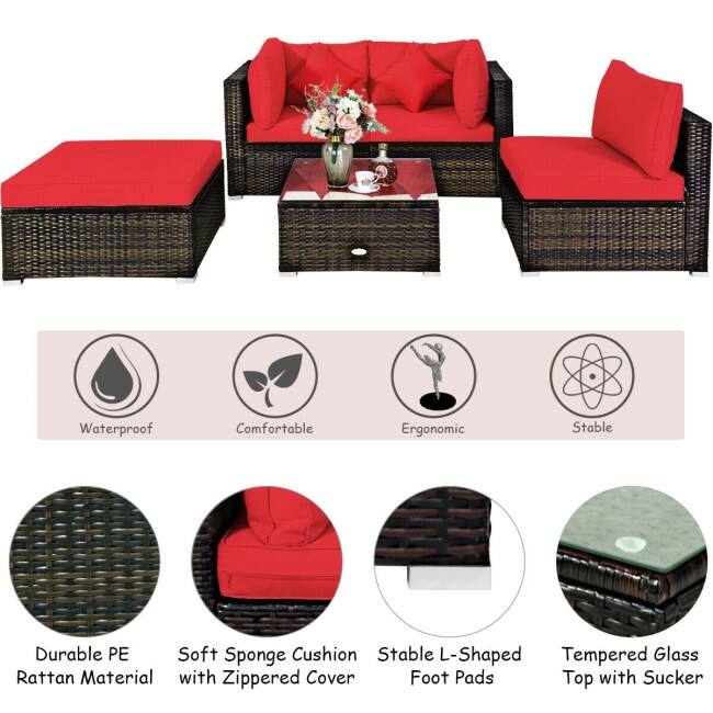 5 Pcs Outdoor Patio Rattan Furniture Set Sectional Conversation with Cushions - 29.5'' x 29.5'' x 25.5'' (L x W xH)