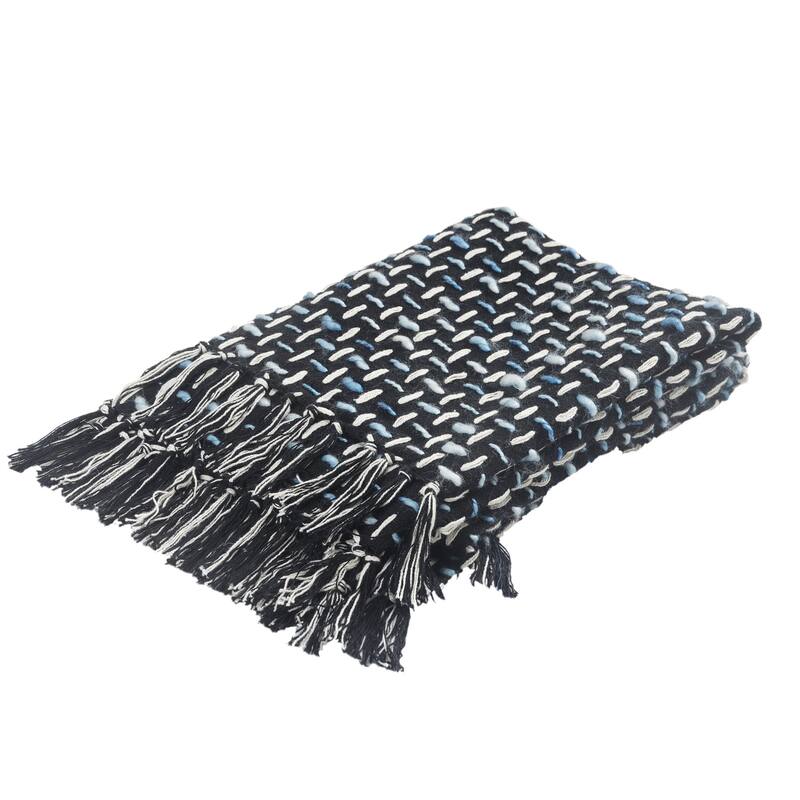 HomeRoots Black and Blue Woven Cotton Geometric Throw Blanket