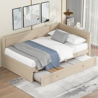 Twin Size Wood Daybed with Trundle and Guardrail, Solid Pine Frame, No Box Spring Required, Vintage Style for Bedroom, Beige