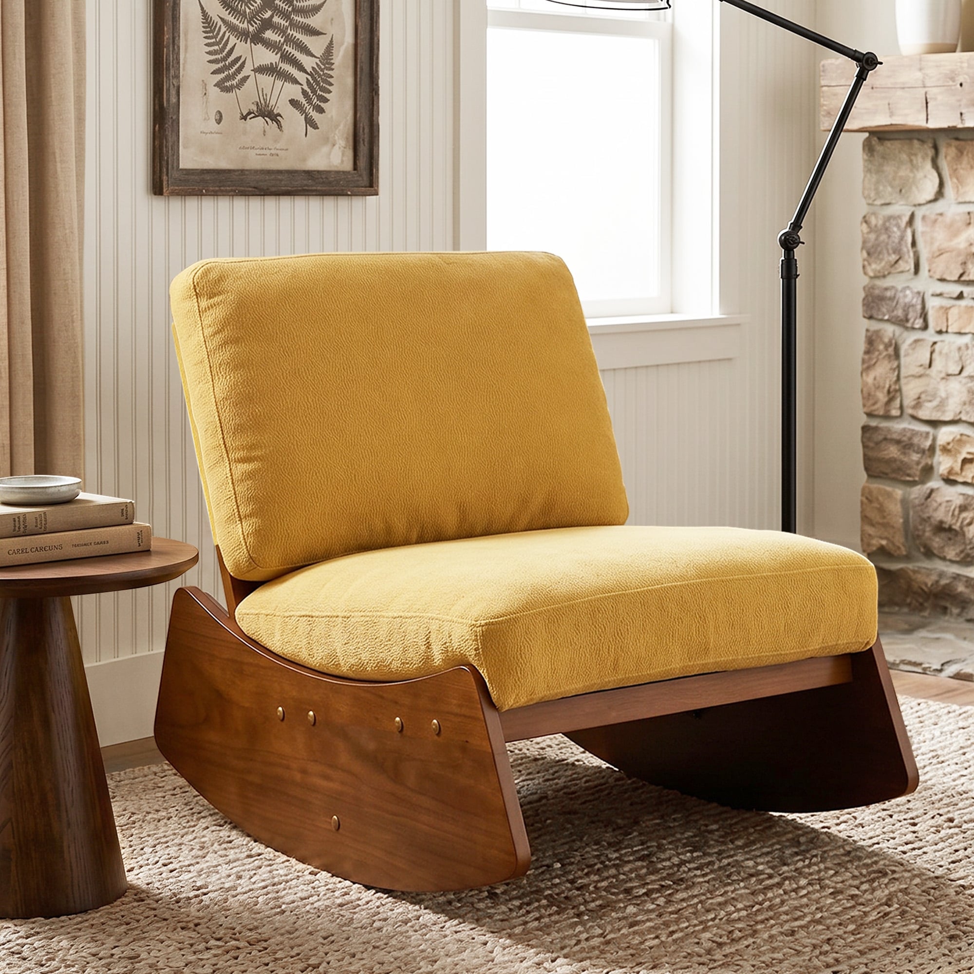 Modern Chenille Wooden Rocking Lounge Chair Armless Accent Chair