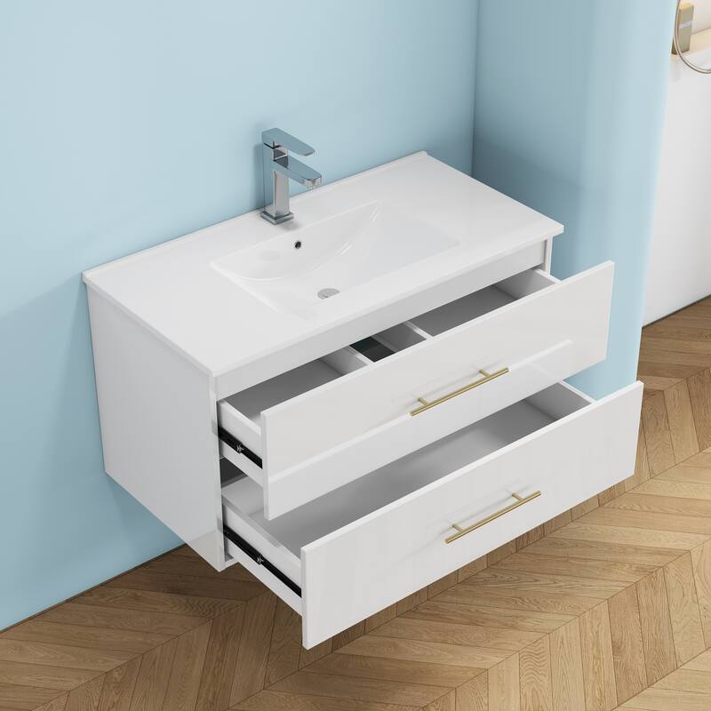 36-Inch Gloss Wall-Mounted Bathroom Vanity with Sink Combo,Double Drawers,Ceramic Sink, Long Gold Metal Handle