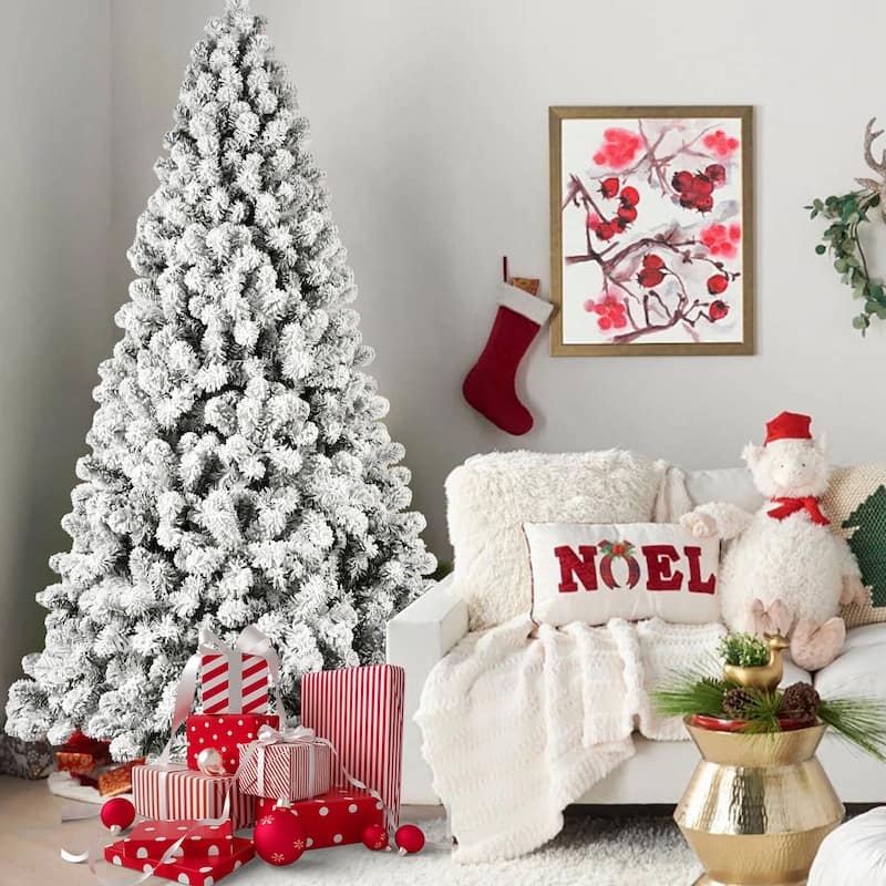 7ft Flocked Pre-Lit Christmas Tree with 400 UL Warm White Lights, 1072 PVC Tips, Auto-Unfold Memory Wire, Easy Assembly