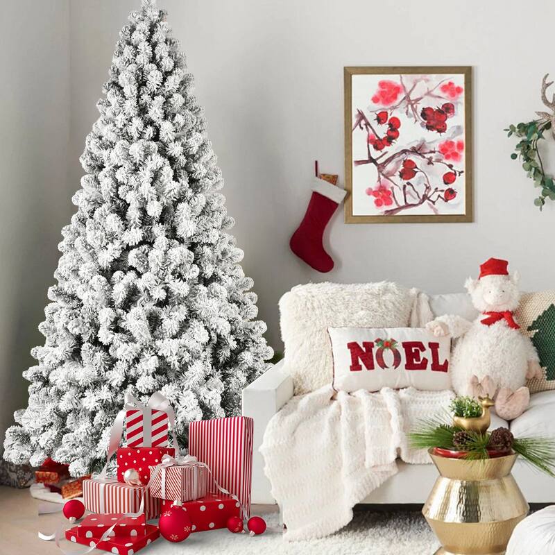 Pre-Lit Flocked Artificial Tree - UL Warm White Lights, Auto-Unfold Memory Wire, Metal Stand - Green,White