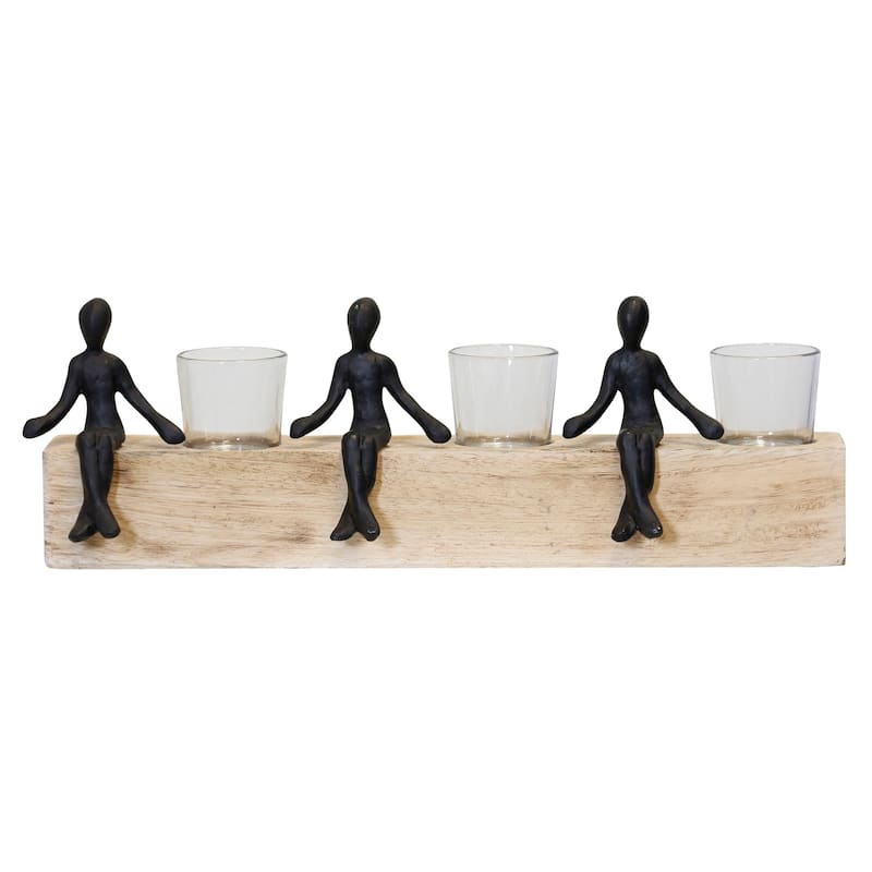 StyleCraft Wood Votive Holders With 3 Figures - Natural - Black, Natural