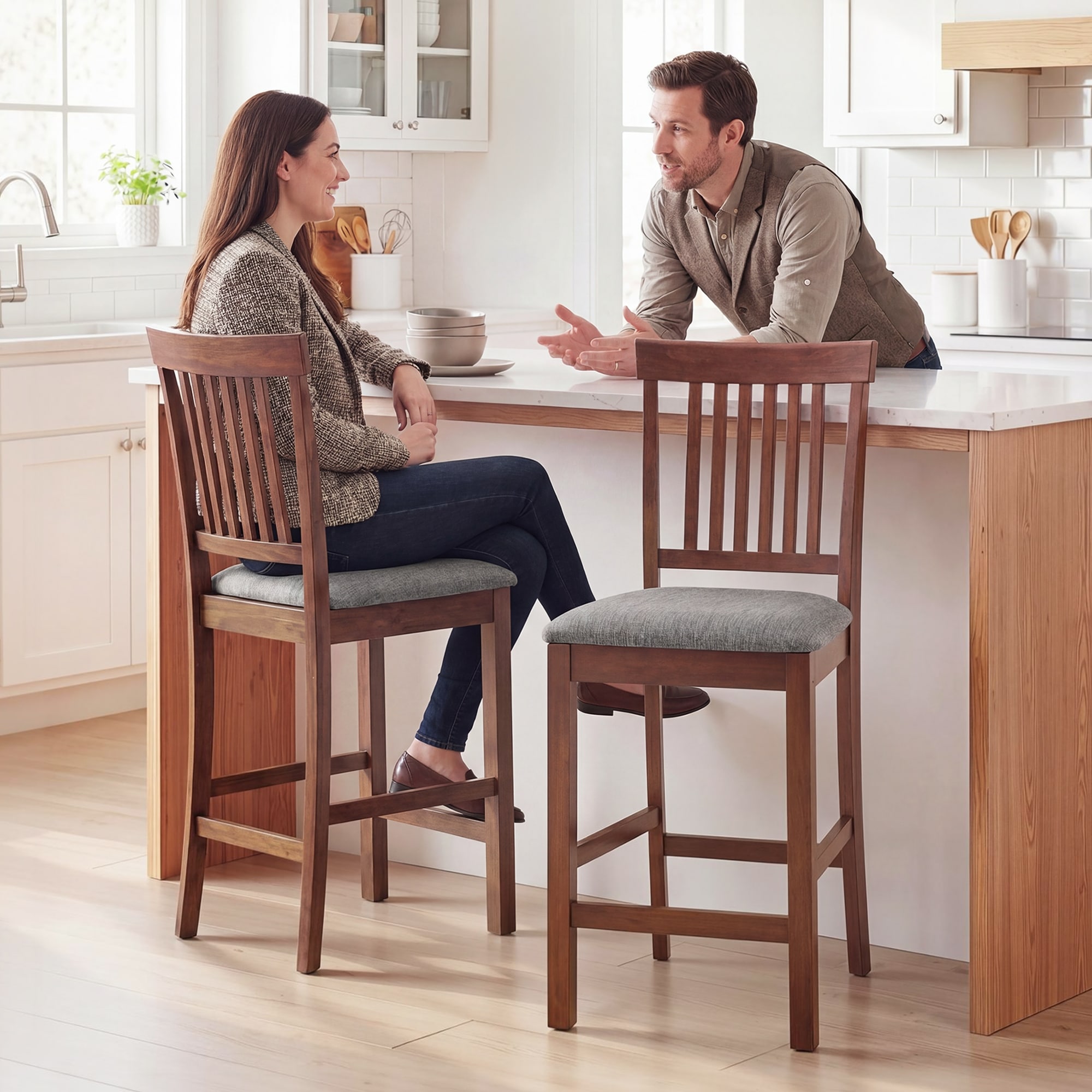 HOMCOM Bar Stools Set of 2, Modern Upholstered Barstools with High Back and Rubberwood Legs, Counter Height Kitchen Chairs