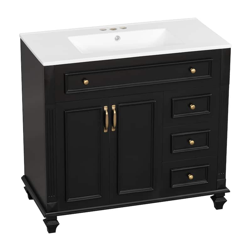 Roomfitters 36" Bathroom Vanity with Sink, Flip-Out Drawer, 3 Drawers, Soft-Close Doors, Solid Wood Cabinet