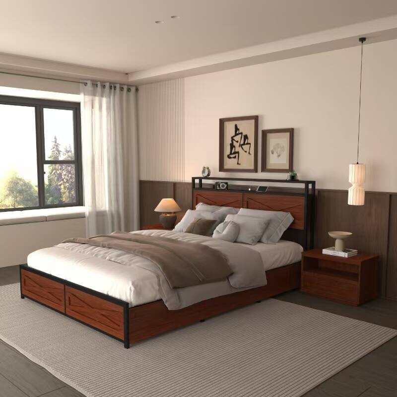 Full Bed Frame with Storage Drawers, Charging Station, RGB LED Lighting, and Headboard Shelf - No Box Spring Needed