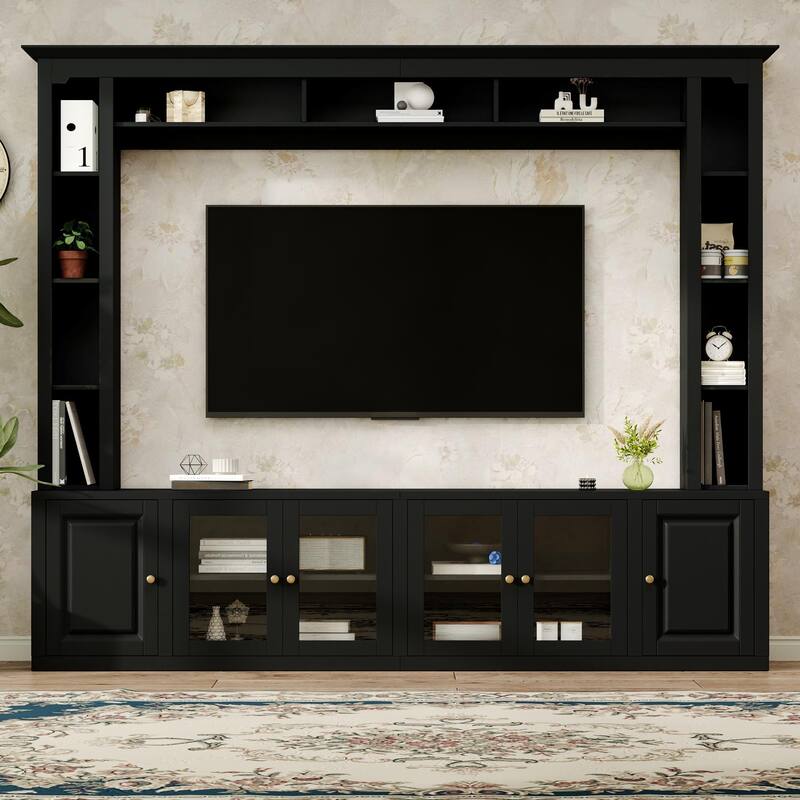 Roomfitters 4-Piece Modern Entertainment Center, TV Stand with Adjustable Shelves & Tempered Glass Doors for TVs up to 80" - Black