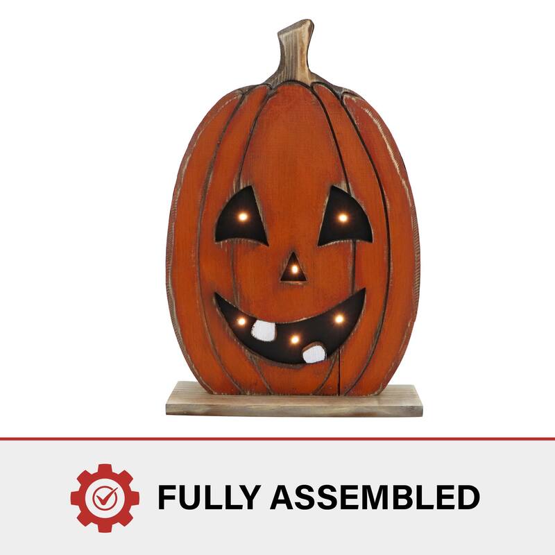 Haunted Hill Farm 18-In. Tall Pumpkin Battery-Operated Wooden Centerpiece with Lights and Timer