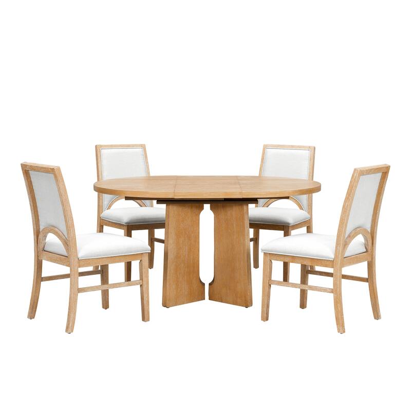 Round Dining Table Set for 4 with Extendable Top and Comfortable Upholstered Chairs for Family Meals