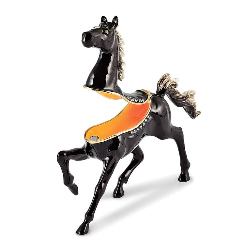 Curata Pewter Crystals Gold-Tone Enameled Pepper Black Horse White Mane Trinket Box on 18 Inch Necklace