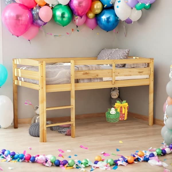 slide 2 of 7, Twin Size Low Loft Beds with Ladder For Kids Bedroom Walnut