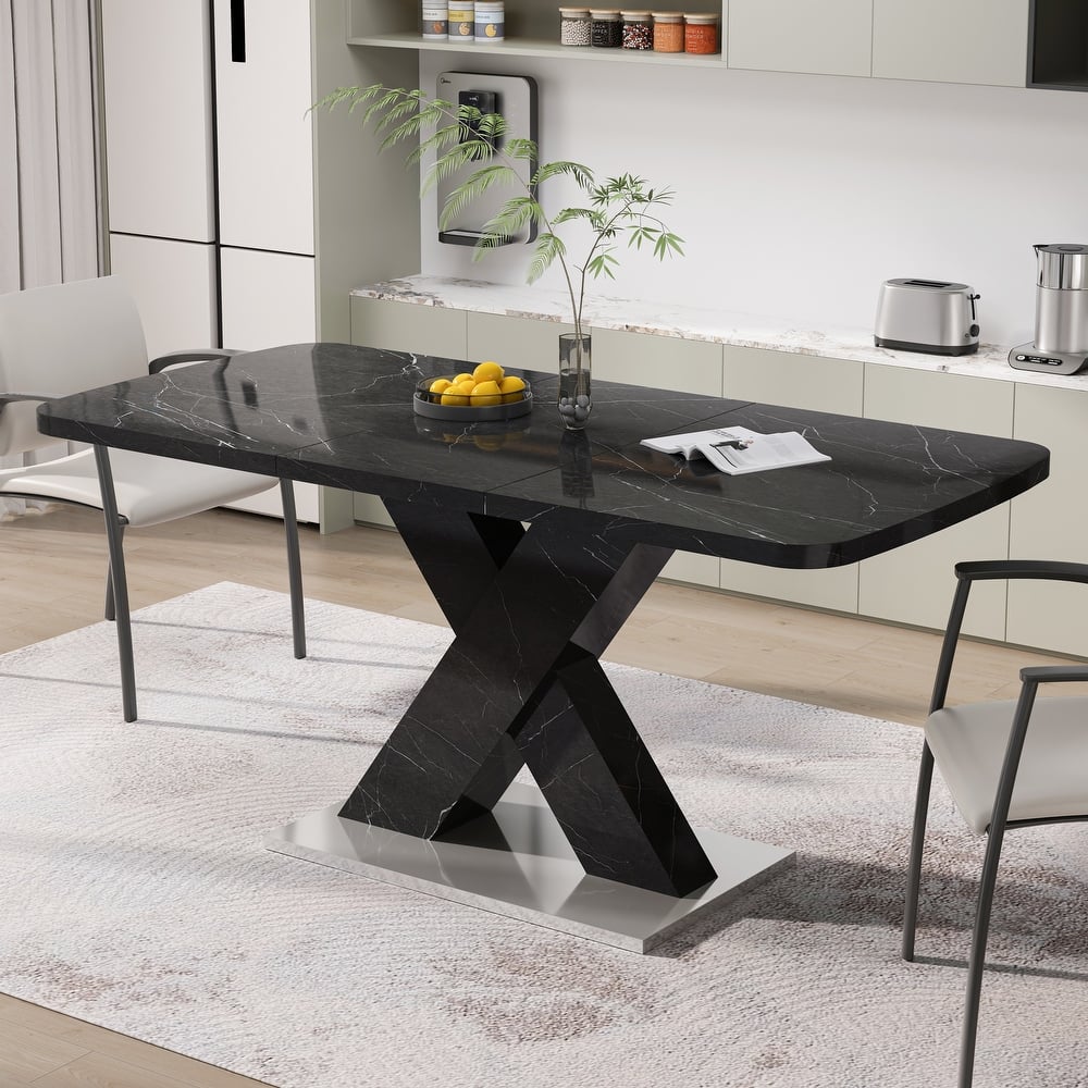 Modern Square Dining Table, Stretchable, White Table Top+MDF X-Shape Black and White Color Table Leg with Metal Base
