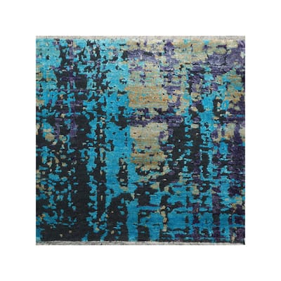 Hand Knotted Turquoise Tibetan Wool & Silk Oriental Area Rug (Square) - 2' x 2'