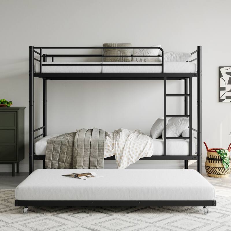 Twin Over Twin Metal Bunk Bed with Trundle and Guardrails, Space-Saving Frame