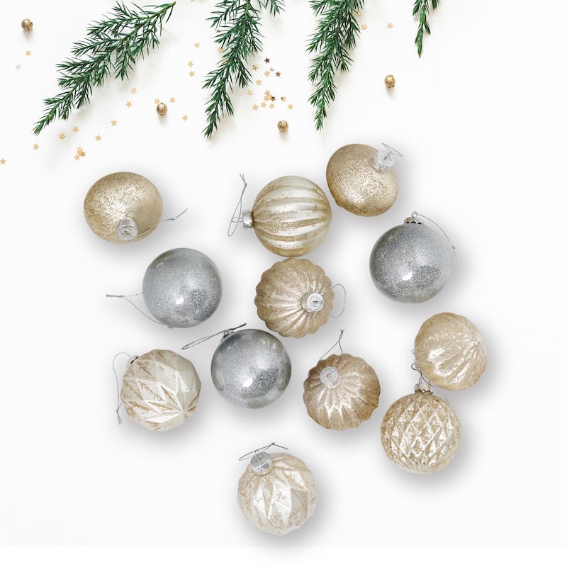 12ct Champagne Silver Mercury Glass Style Glass Ornament Set 3"