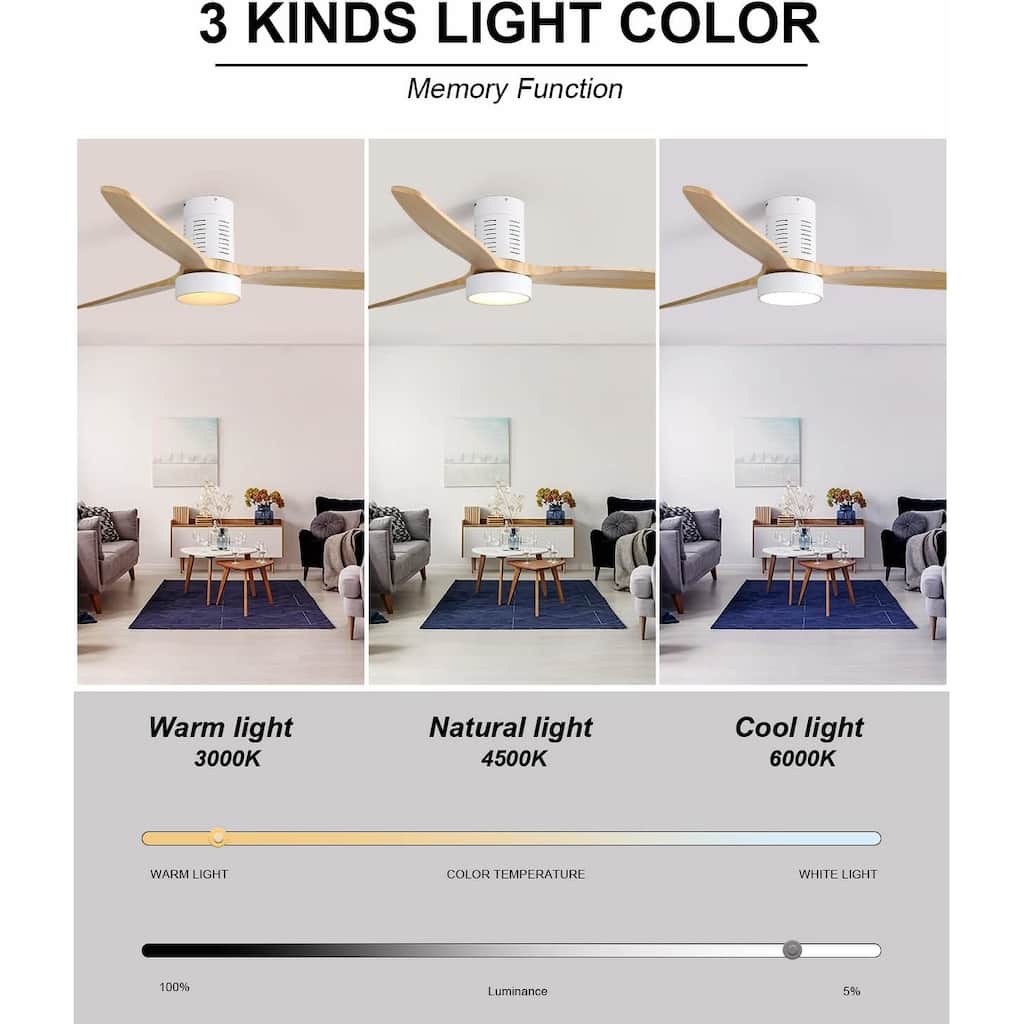 Modern Recessed Ceiling Fan Light with 3 Color Adjustable Lighting and Solid Wood Blades, DC Motor for Bedroom and Lounge Area