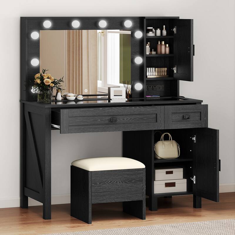 Moasis Farmhouse Makeup Vanity Desk Set with Mirror and Lights, Charging Station and Storage Stool