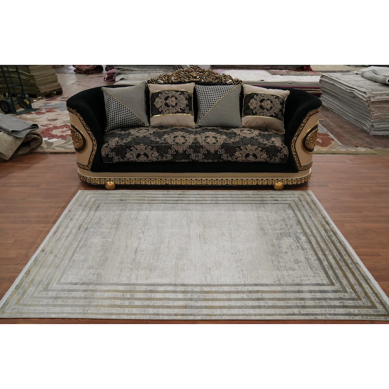 Machine Made Oriental Polyester Carpet Geometric Beige & Ivories Distressed Area Rug - 7' 5'' X 5' 2''