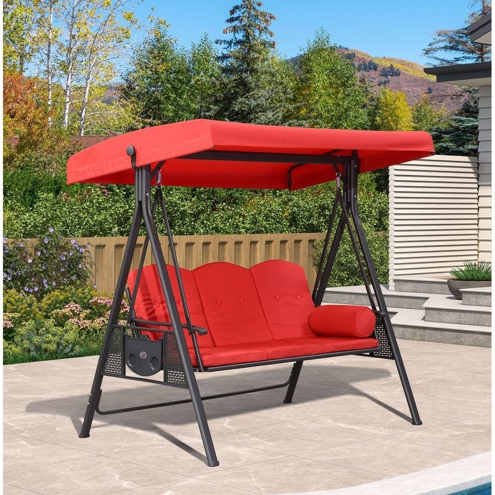 PURPLE LEAF 3-seat Outdoor Porch Swing All-Weather Steel Frame for Backyard Front Porch Lawn, Cushions and Pillow Included