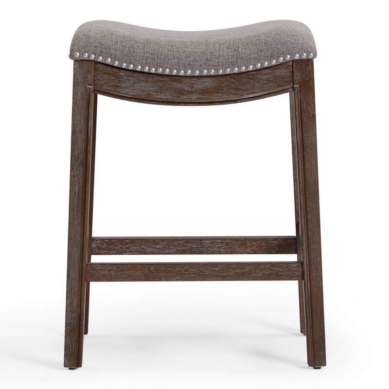 Linen Saddle Seat Bar Stool with Nail Head Trim and Footrest - Grey and Brown-26-Inch