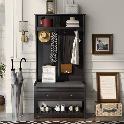 69Inch Hall Tree with 4 Hooks and Hinged Lid