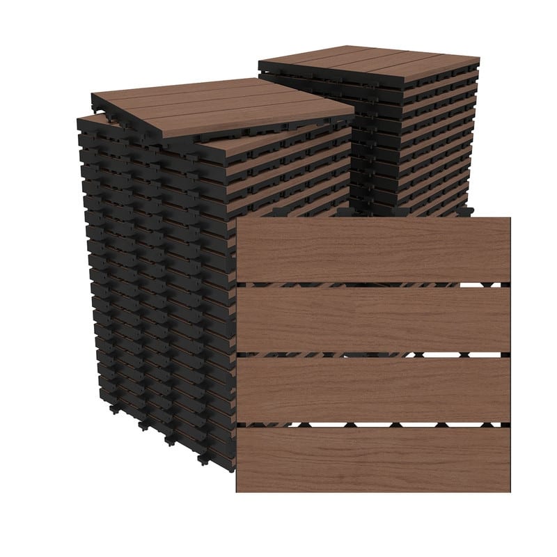 Domi 12" x 12" HDPE Plastic Resin Interlocking Deck Tiles, Waterproof Outdoor Patio Flooring with Drainage Design - 44-Piece - Brown