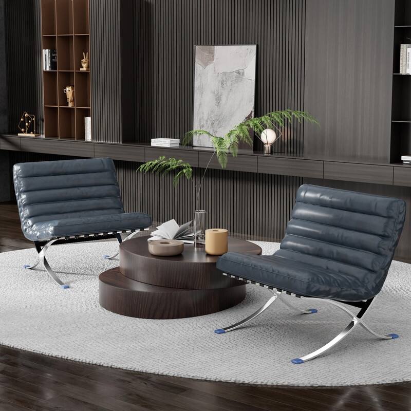 Mid Century Tufted Top Grain Leather Upholstered Lounge Chair