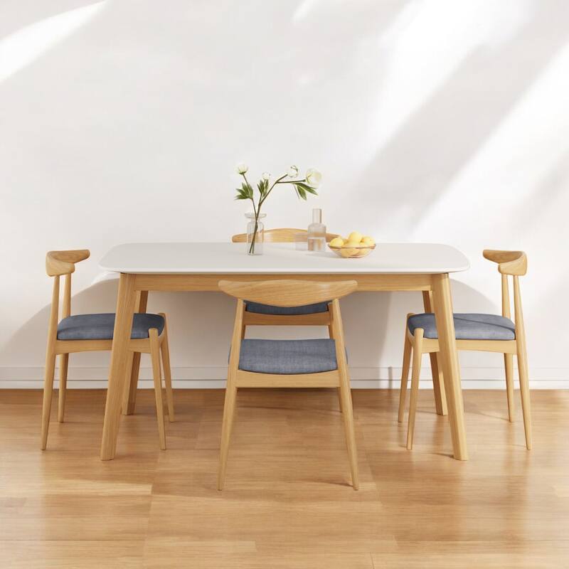 5-Piece Mid-Century Modern Dining Set with Solid Rubberwood Frame Table & Upholstered Chairs for Dining Room and Kitchen