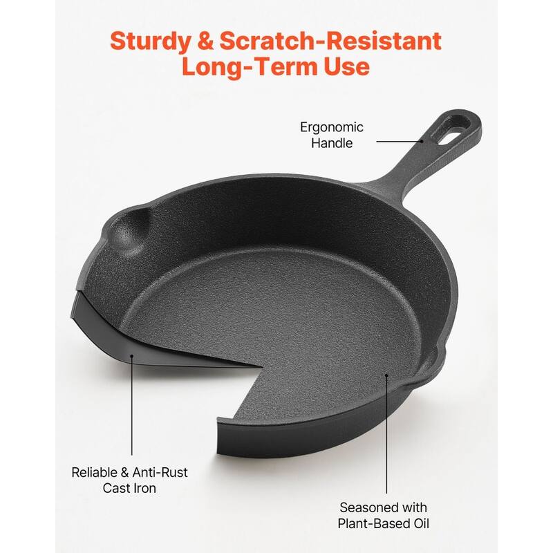 3 Piece Black Cast Iron Skillet Frying Pan Set with Ergonomic Handle for Stovetop and Oven Cooking
