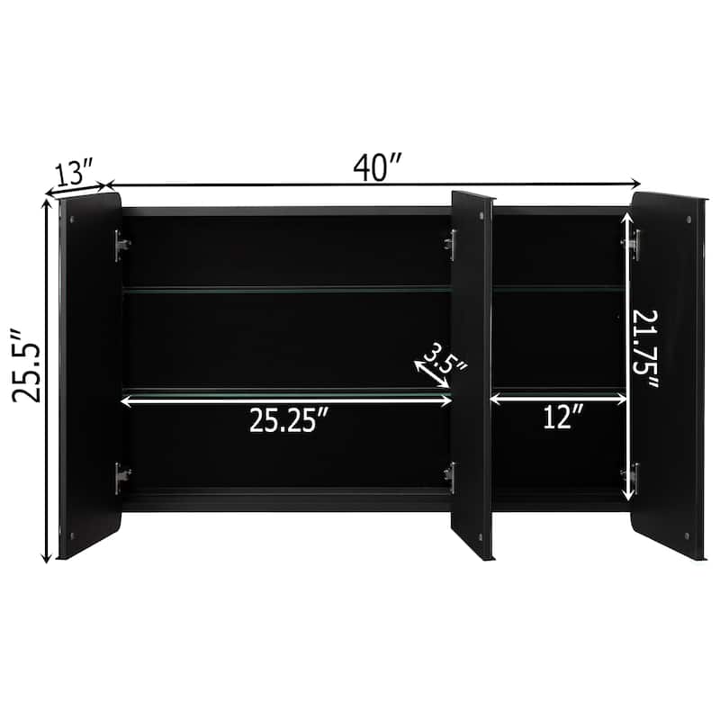 3-Door Bathroom Medicine Cabinet, Recessed Medicine Cabinet or Surface Mount, Mirrored Door Cabinet w/ Adjustable Glass Shelves