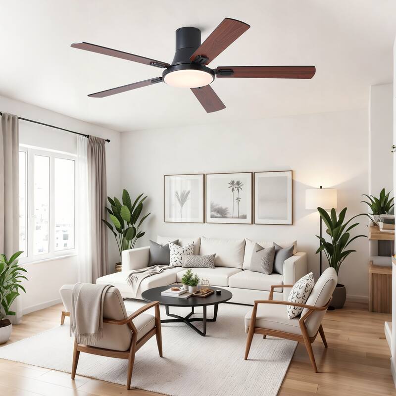 Sofucor 52 Inch Low Profile Flush Mount 5 Blades Ceiling Fan with Dimmable Light and Remote Control - 52 Inches