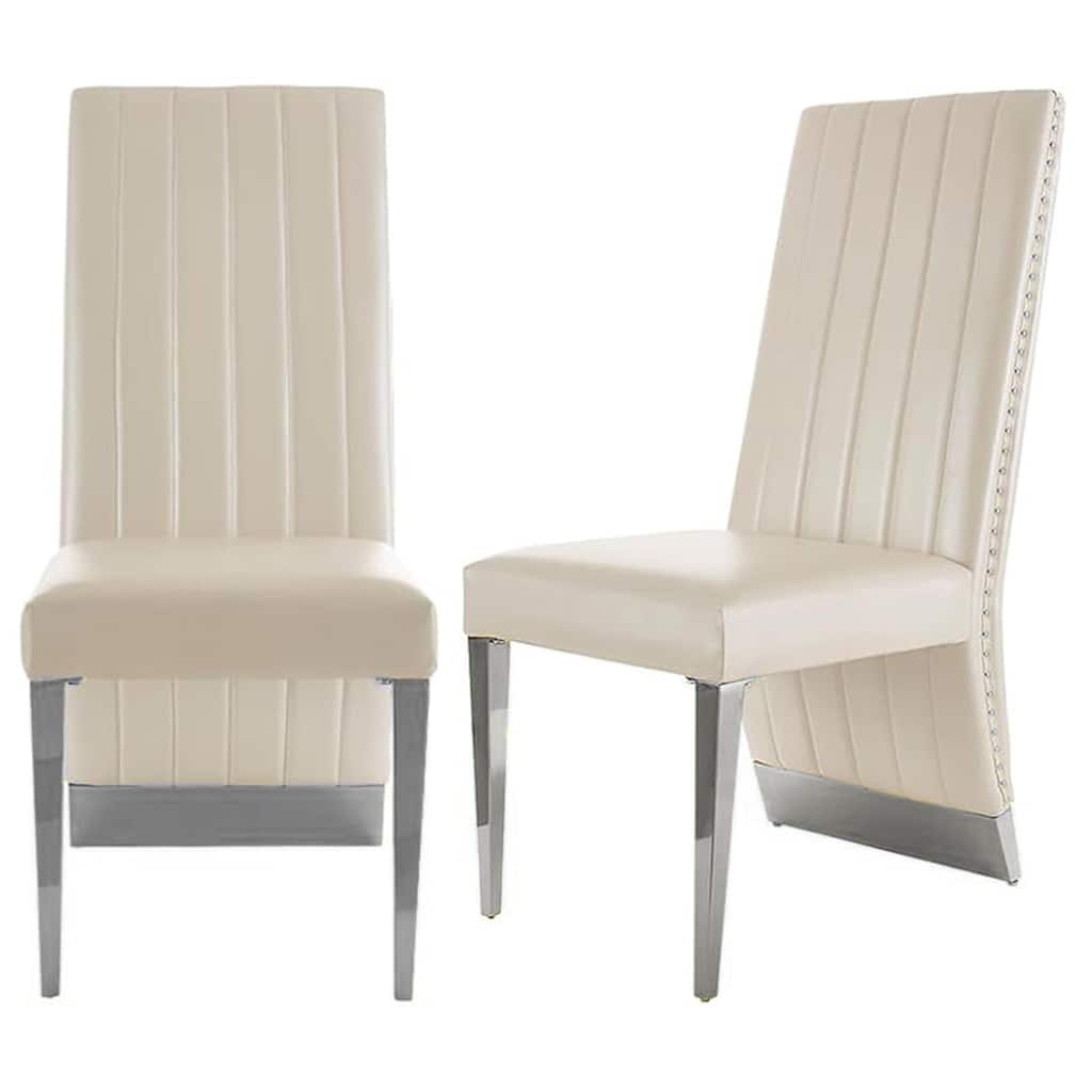 White PU Leather Dining Chairs with Nail Head Trims and Mirrored Silver Metal Legs