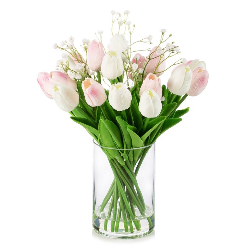 Enova Home 18 Mixed Artificial Real Touch Tulip Flower Arrangement in Clear Glass Vase with Faux Water for Home Decoration - White Pink
