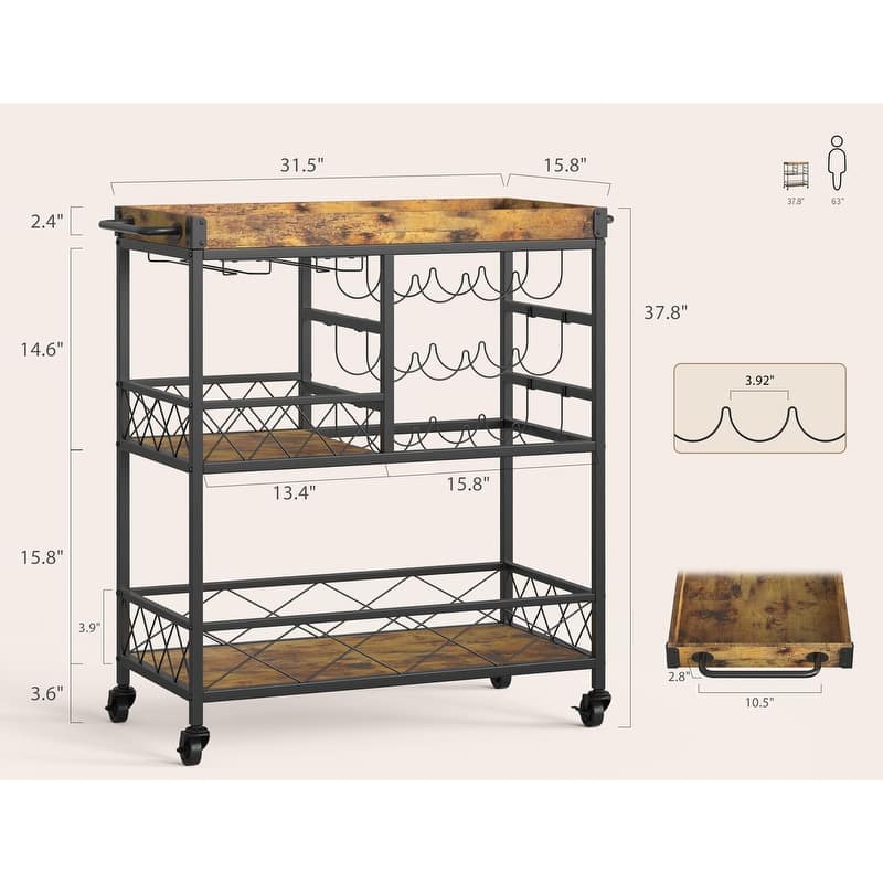 Bar Serving Cart, Bar Cabinet, Mobile Wine Cart with Lockable Wheels